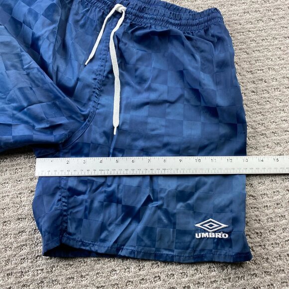 Vintage 90s Umbro Soccer Shorts Men Medium M Navy Blue Checkered Athletic 1990s - Picture 10 of 11